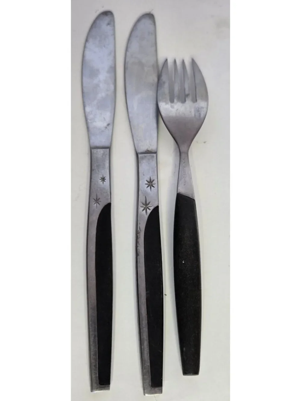 Vintage Mar-Crest Ebony Elegance Stainless Steel Flatware Atomic 2 Stars MCM